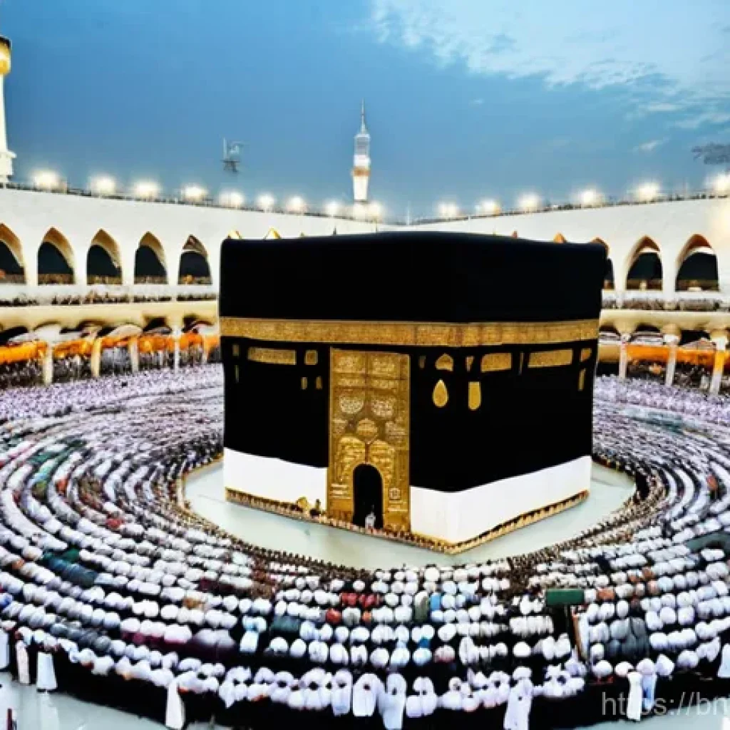 하즈와 우므라 순례의 차이점 - **A diverse group of Muslim pilgrims performing Tawaf around the Kaaba.**
A wide-angle, medium s...