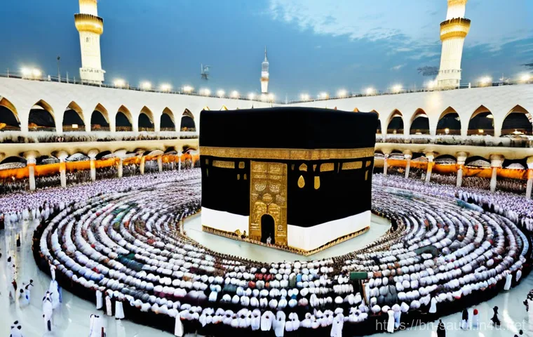 하즈와 우므라 순례의 차이점 - **A diverse group of Muslim pilgrims performing Tawaf around the Kaaba.**
A wide-angle, medium s...