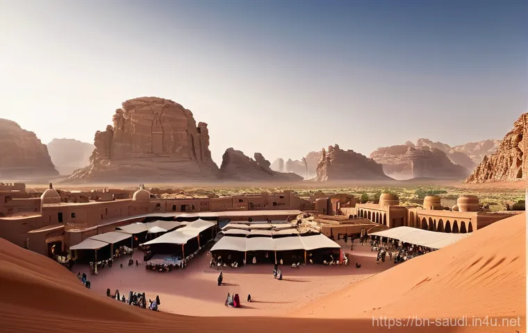 사우디아라비아와 UAE의 차이점 - **Saudi Arabian Heritage Meets Modern Ambition:** A panoramic view of an ancient Al-Ula-like landsca...