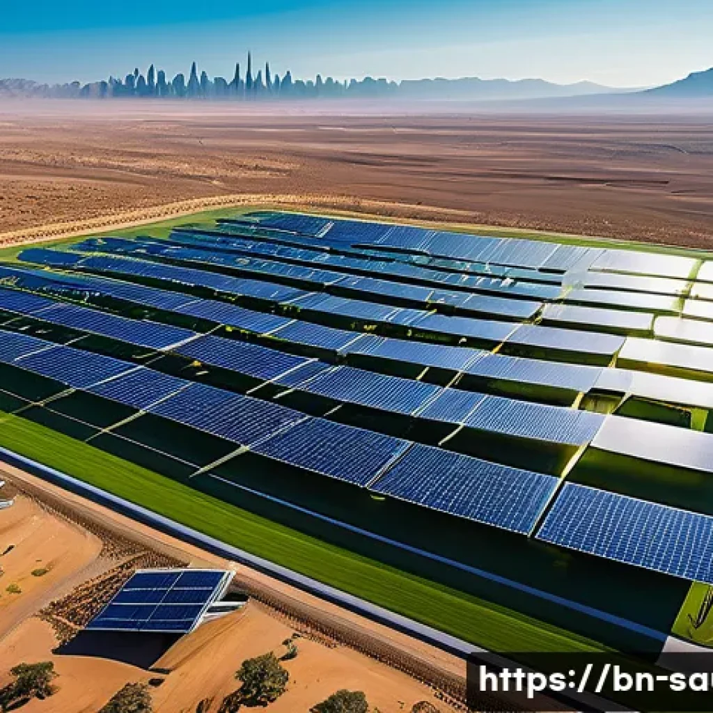 빈살만 왕세자의 개혁 정책 - **Prompt:** A wide-angle, futuristic and vibrant aerial shot of an expansive, cutting-edge renewable...