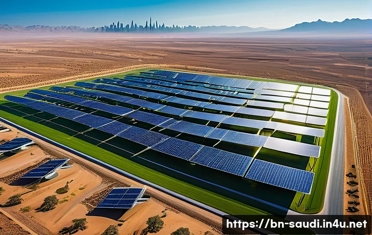 빈살만 왕세자의 개혁 정책 - **Prompt:** A wide-angle, futuristic and vibrant aerial shot of an expansive, cutting-edge renewable...