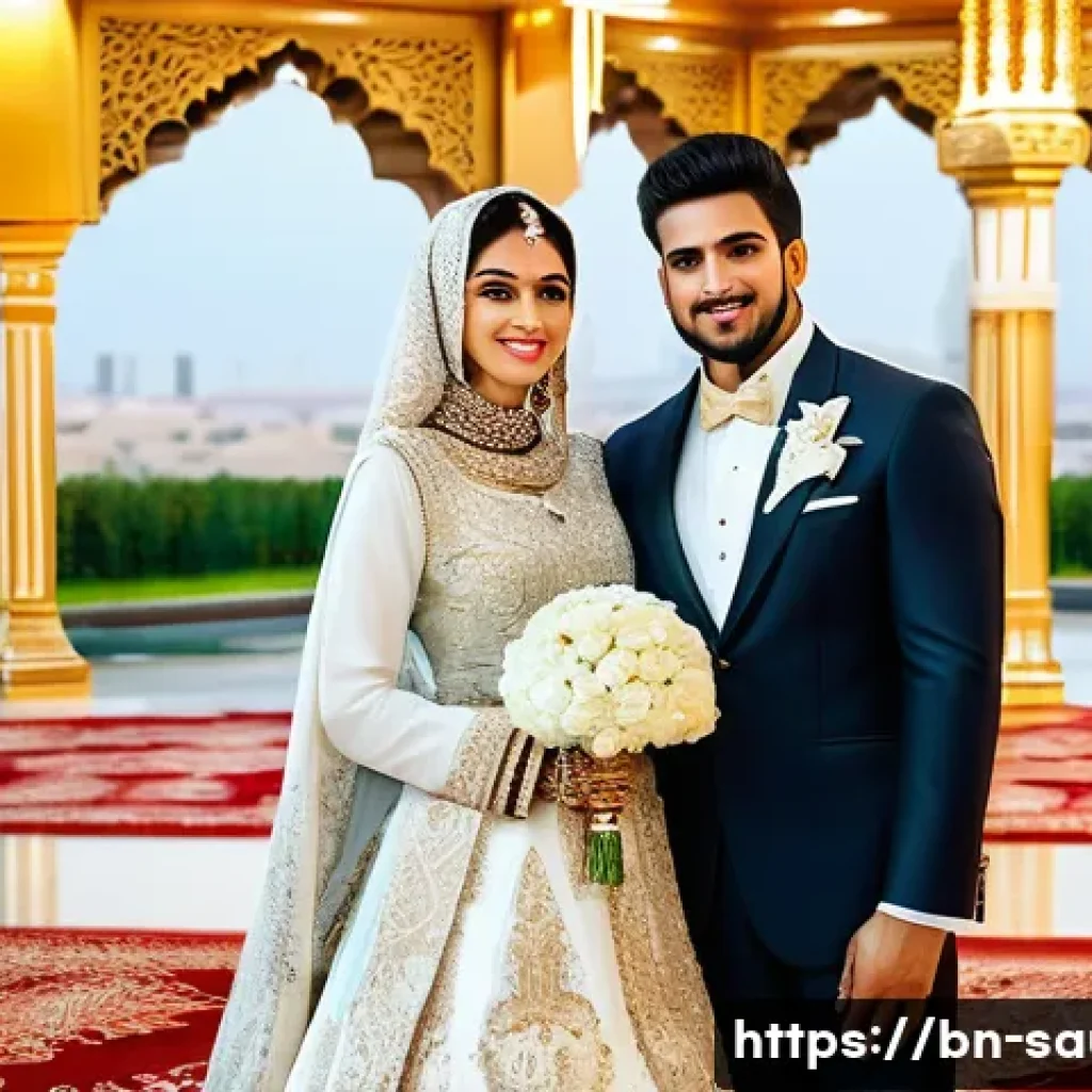 사우디아라비아 결혼문화와 관습 - A Saudi Arabian bride and groom in a regal and opulent wedding setting. The bride is wearing a stunn...