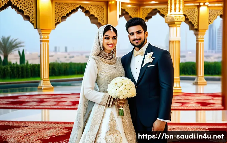 사우디아라비아 결혼문화와 관습 - A Saudi Arabian bride and groom in a regal and opulent wedding setting. The bride is wearing a stunn...